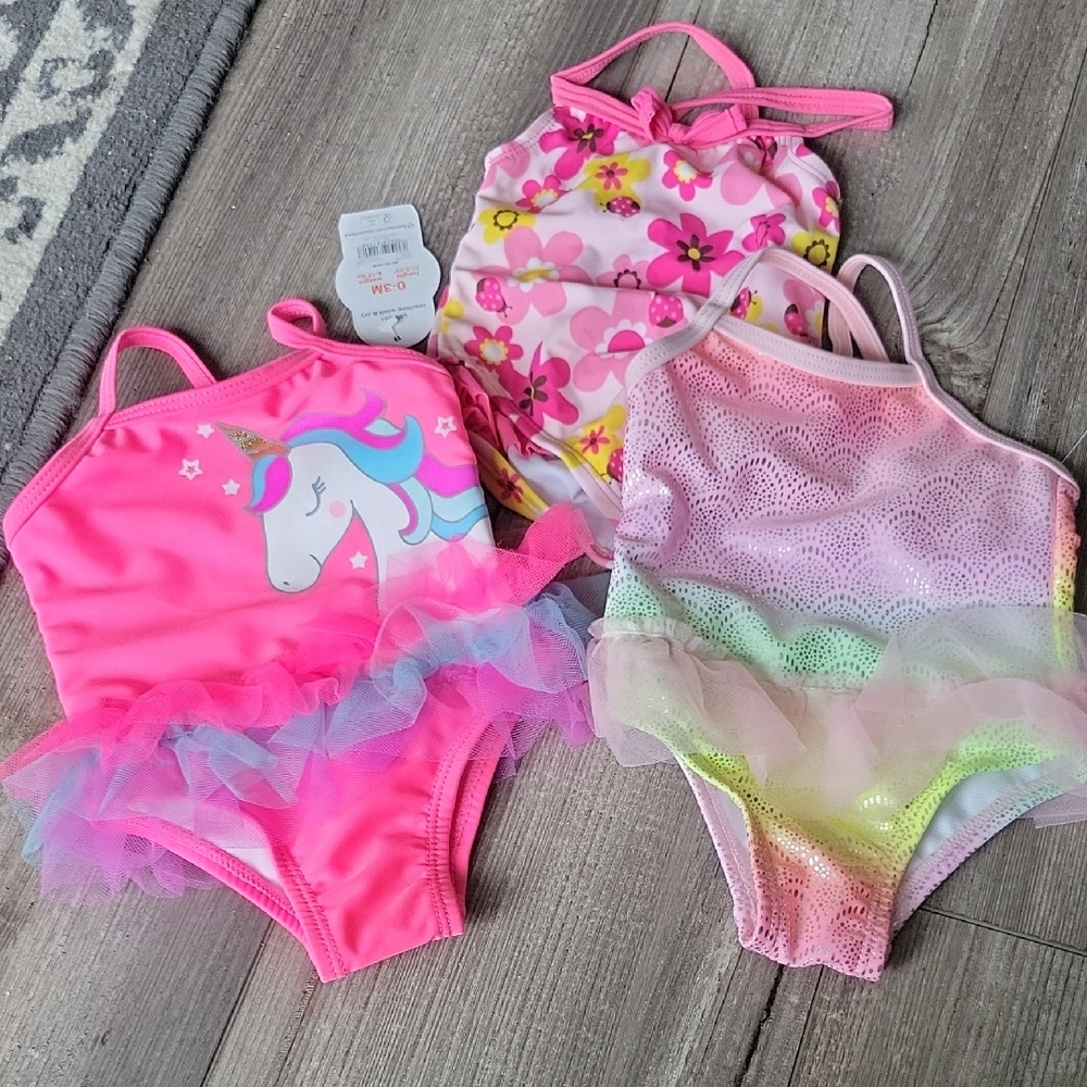 Wonder Nation Pink and Rainbow Kids Swim One Piece Set